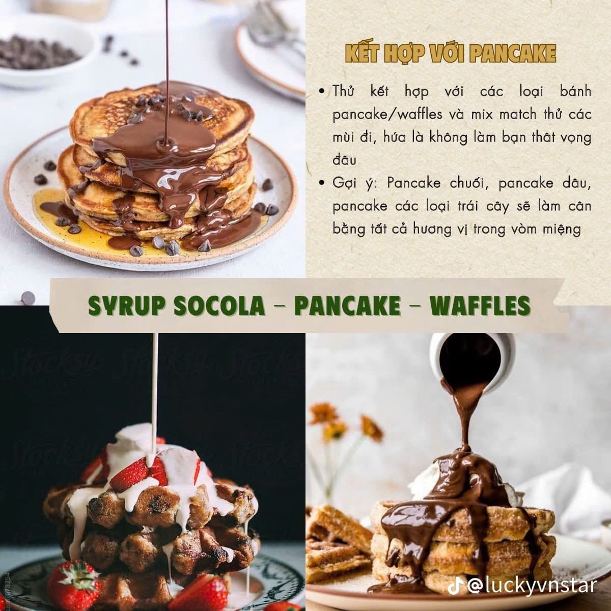 Pancake mềm mịn kết hợp sốt socola hấp dẫn.