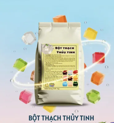 Bột Thạch Thủy Tinh Lucky VN Star 1KG giúp tạo topping trong suốt, giòn mềm cho trà sữa, trà trái cây, soda và các món tráng miệng. Giải pháp làm mới menu cho quán đồ uống.