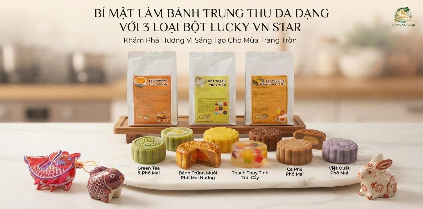 Khám phá cách làm Bánh Trung Thu mới lạ từ 3 loại bột Lucky VN Star: Pudding Brulee, Thạch Thủy Tinh và Pudding Phô Mai Trứng Muối.
